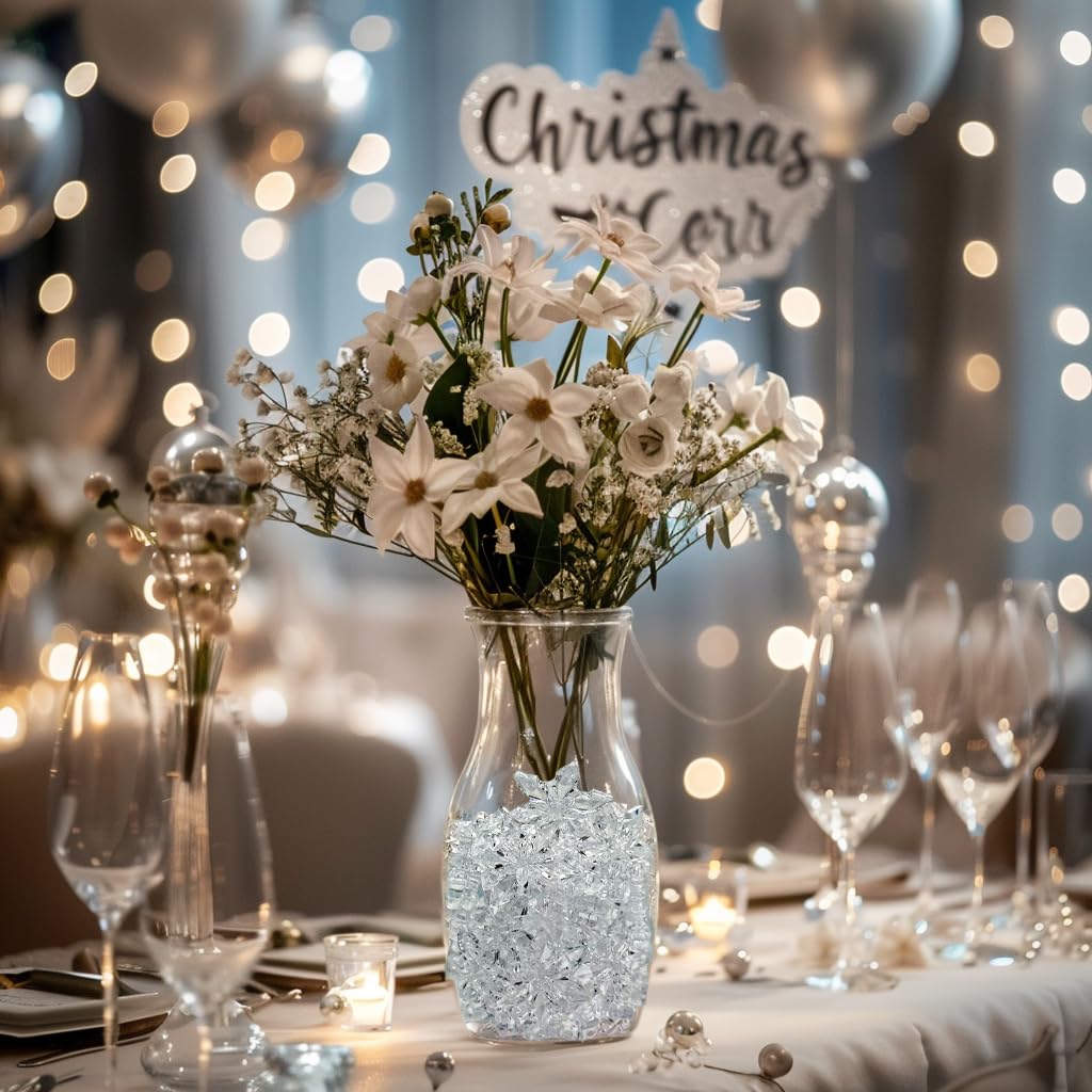 HappyFiller 114 PCS Clear Mini Acrylic Snowflake No Holes Vase Fillers,Table Scatters,Sensory Bin Filler Gems,Home Centerpieces,DIY Arts Crafts