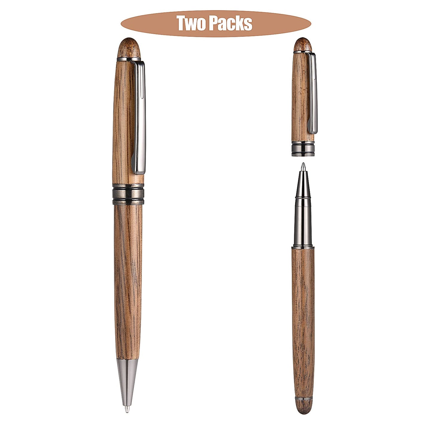 Glovion Wood Ballpoint Pen Set 2 Pack, Fancy Wooden Pens and Rollerball Pen for Men Extra 4 Ink Refills (2 Blue & 2 Black) Nice Writing Pen Sets Gift for Business Journaling Executive Signature