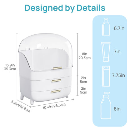 Vtopmart 3-Tier Skincare Makeup Organizer with Drawers and Lid for Vanity and Bathroom Countertop, Large Cosmetic Storage Box Case for Dresser, with Non-Slip Base