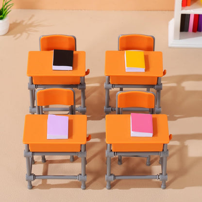 Housoutil 4sets Miniature School Furniture Set, Dollhouse Desk and Chair Play Modern, Realistic Miniature School Supplies for Dollhouse Decor and Pretend Play