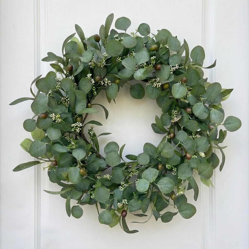 GinzeTop 24 Inch Eucalyptus Wreath for Front Door, Large Artificial Greenery Wreaths with Olive Leaves and Berries, Farmhouse Spring Summer Decor for Porch, Wall, Window, All Season