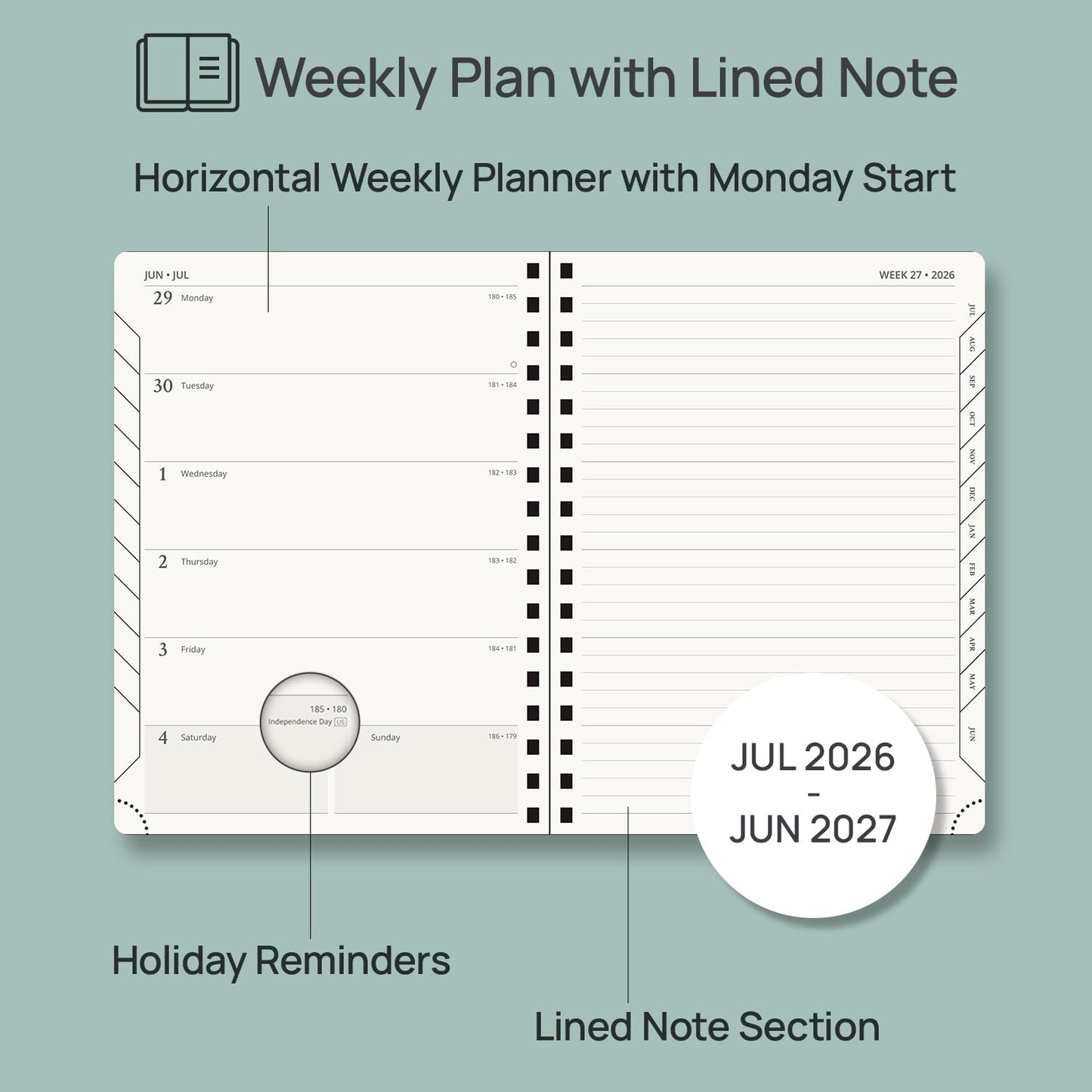 POPRUN Weekly Planner 2026-2027, 6.5" x 8.5", (July 26-June 27) Academic Weekly and Monthly Planner, Calendar Notebook 2026-2027 Agenda for School, College, Spiral Leather Softcover - Brown