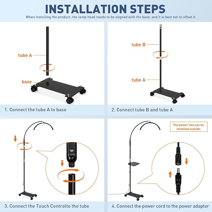 KIRKAS Lash Light Half Moon Lamp with Tool Tray, Flexible Gooseneck Lash Nail Tech for Esthetician Eyelash Extension, Tattoo, 18 Inch LED Floor Lamp with Roller Base Adjustable Brightness Color-Black