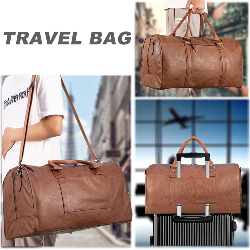 seyfocnia Oversized Travel Duffel Bag, Waterproof Leather Weekend bag Gym Sports Overnight Large Carry On Hand Bag-Brown