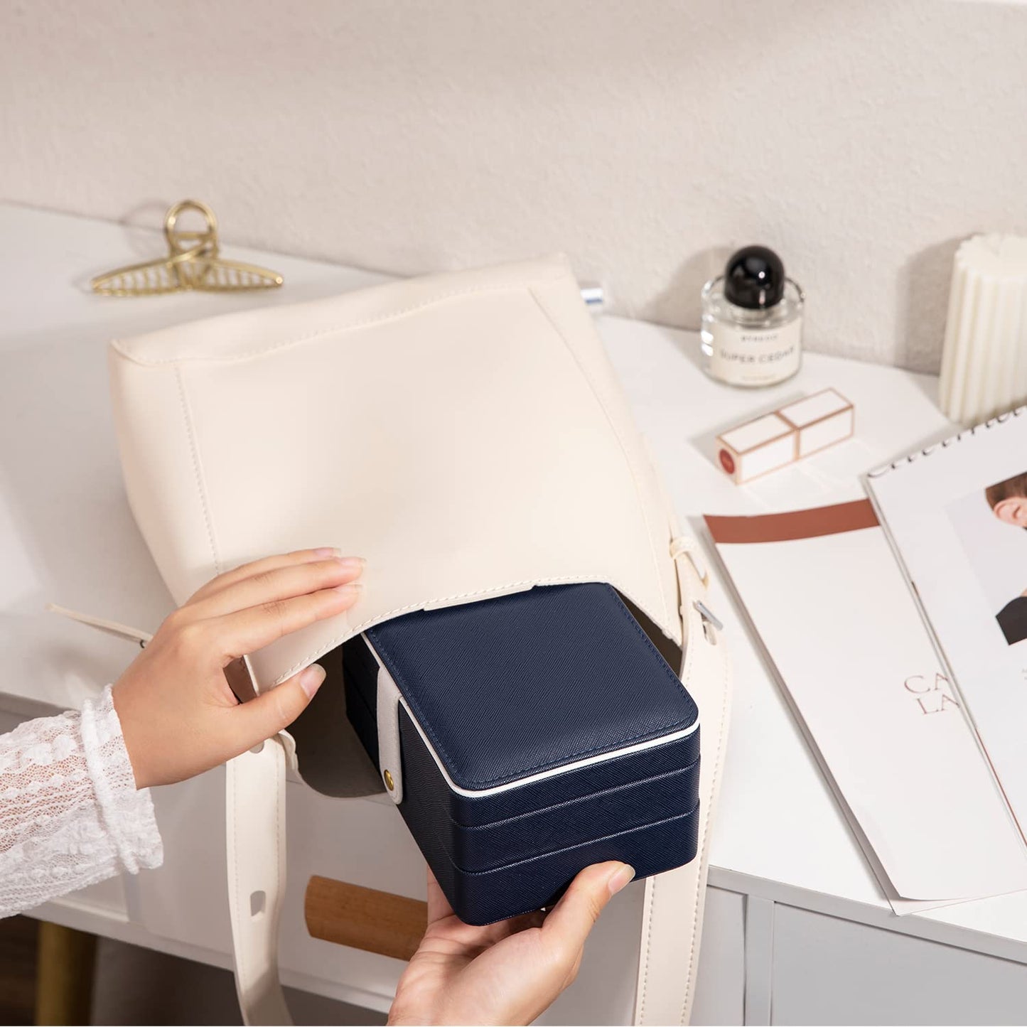 BUTI4WLD PU Leather Travel Jewelry Organizer Case for Women & Girls, 2-Layer Portable Jewelry Box for Earrings, Rings, Necklaces, Bracelets, Compact Jewelry Storage (Blue, Small)