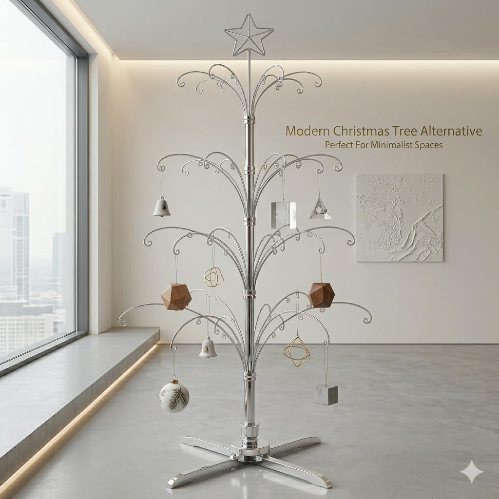 HOHIYA 74” Rotating Ornament Display Tree with 90 Hooks Heavy Duty Metal Christmas Ornament Stand Chrome Silver Holiday Display Rack Christmas Tree Alternative