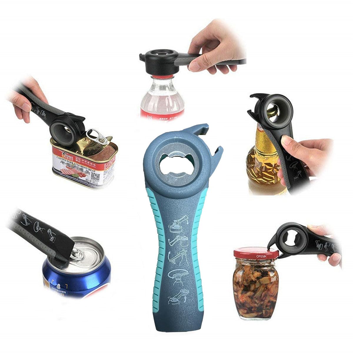 Jar Opener for Seniors with Arthritis,Jar Opener for Weak Hands,5-in-1 Bottle Opener,4-in-1 Can Opener… (Blue)