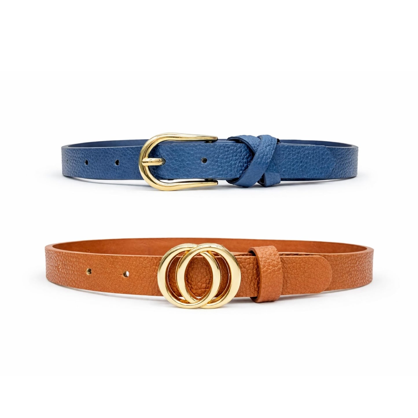TRUE LOVE ACCESSORIES Women’s 2-Pack Skinny Belts – Slim Faux Leather Waist Belts with Gold Buckle – Dressy & Casual Jean Belts for Women (Navy/Cognac, 1X/2X)