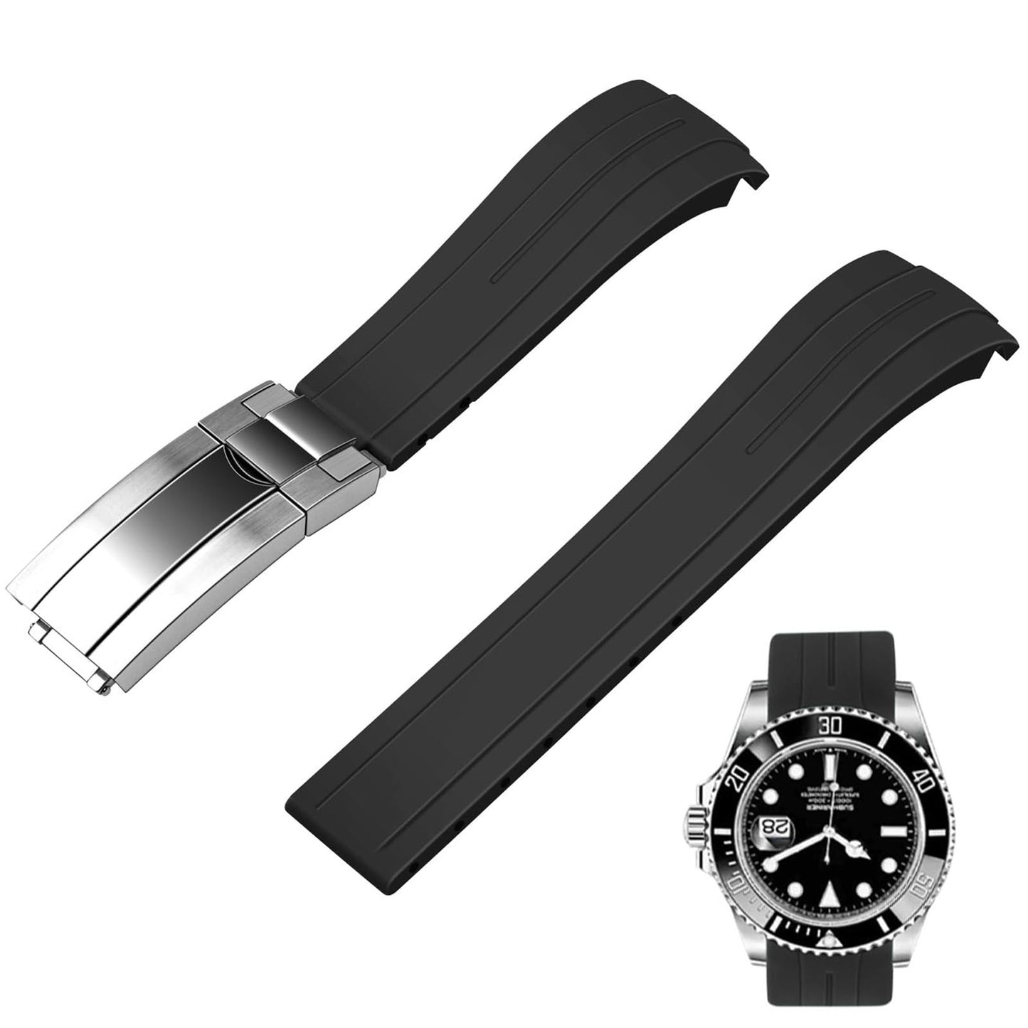Juntan 21mm Curved End Rubber Watch Band, Tapered Silicone Curved Replacement Watch Strap for Men Women with Classic Diving Buckle Black