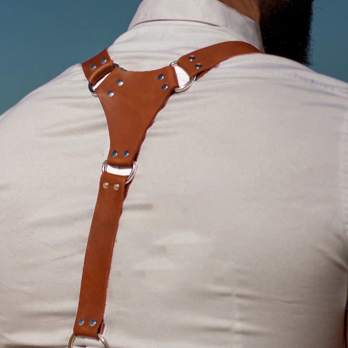 Fstrend Men's Mardi Gras Chest Harness, Brown Faux Leather Shoulder Belt Strap, Fashion Rave Outfits Body Accessory