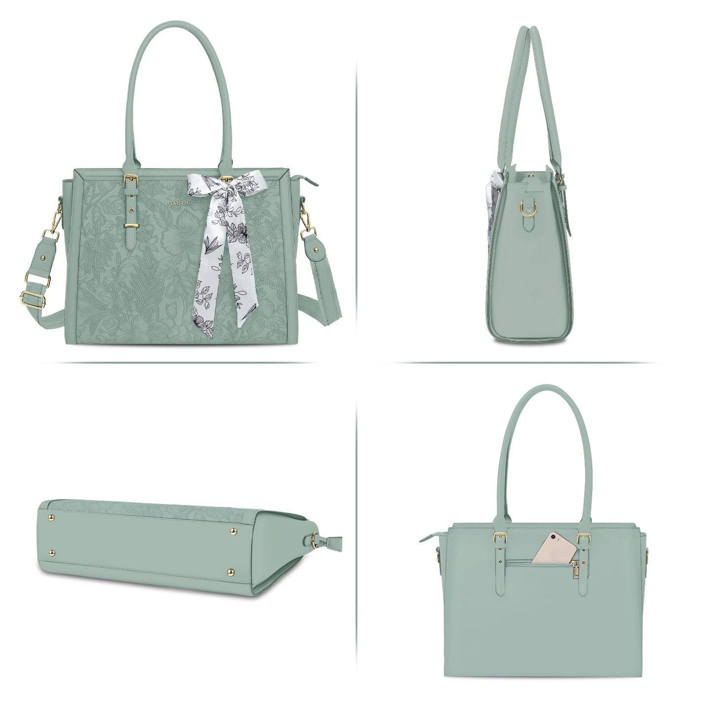 MOSISO Laptop Bag for Women, 15.6-16 inch PU Leather Tote Bag Compatible with MacBook, HP, Dell, Asus Notebook, Front Embossed Retro Hibiscus Computer Bags with Silk Scarf&Clutch Purse, Antique Green