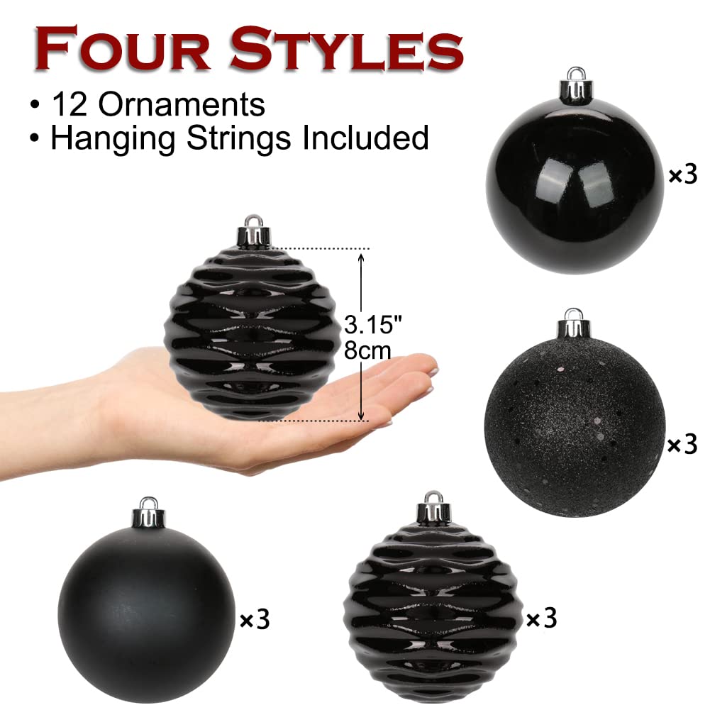 3.15" Christmas Ball Ornaments Black 12 Pcs Shatterproof Christmas Tree Decorations Xmas Tree Medium Christmas Ornaments Balls with Hanging Loop for Halloween Wedding Holiday Party Wreath Home Decor