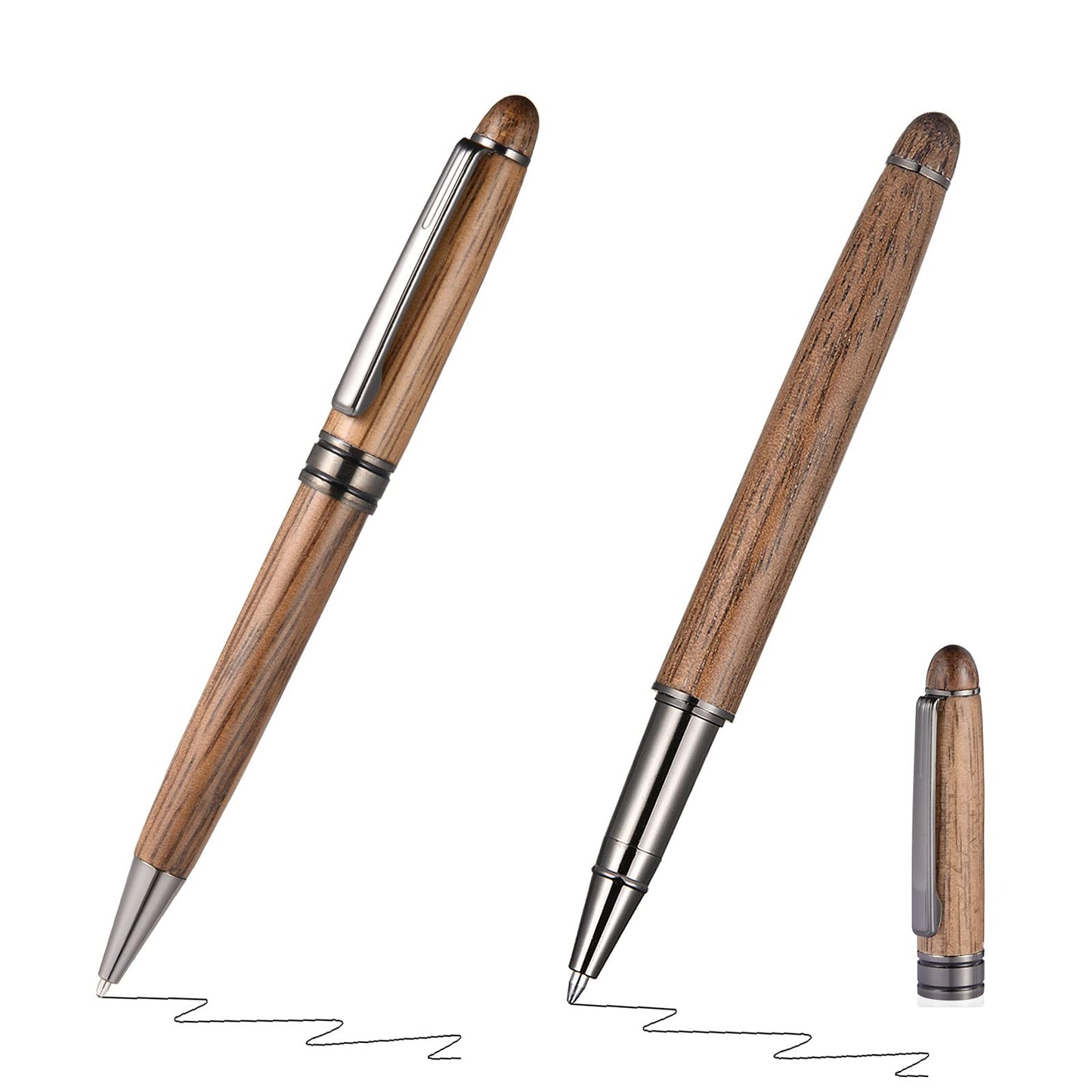 Glovion Wood Ballpoint Pen Set 2 Pack, Fancy Wooden Pens and Rollerball Pen for Men Extra 4 Ink Refills (2 Blue & 2 Black) Nice Writing Pen Sets Gift for Business Journaling Executive Signature