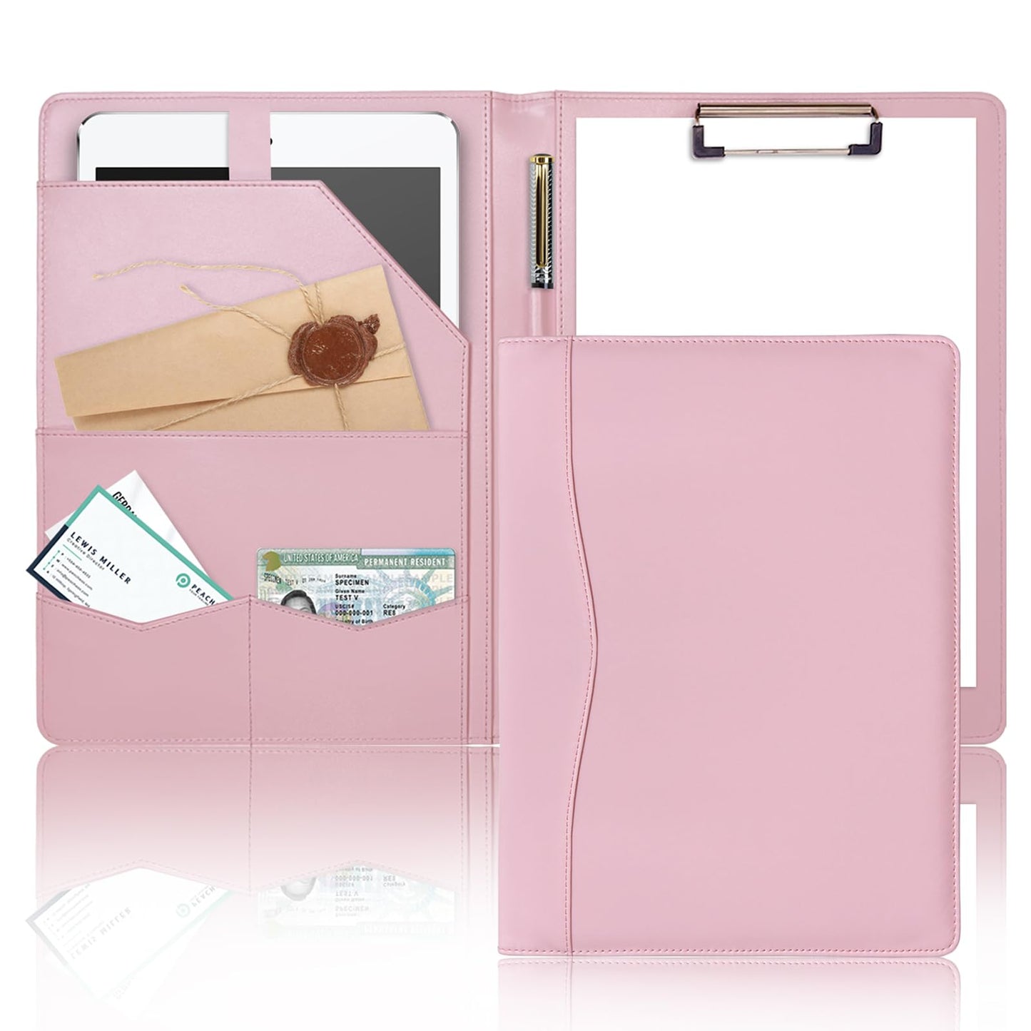 Padfolio Portfolio Binder, Leather Clipboard Folder Briefcase Loose-Leaf Binder with Cover Brown Folder with Pockets Resume Folder for Business Office Meeting Men Women's Business (A4, Pink)