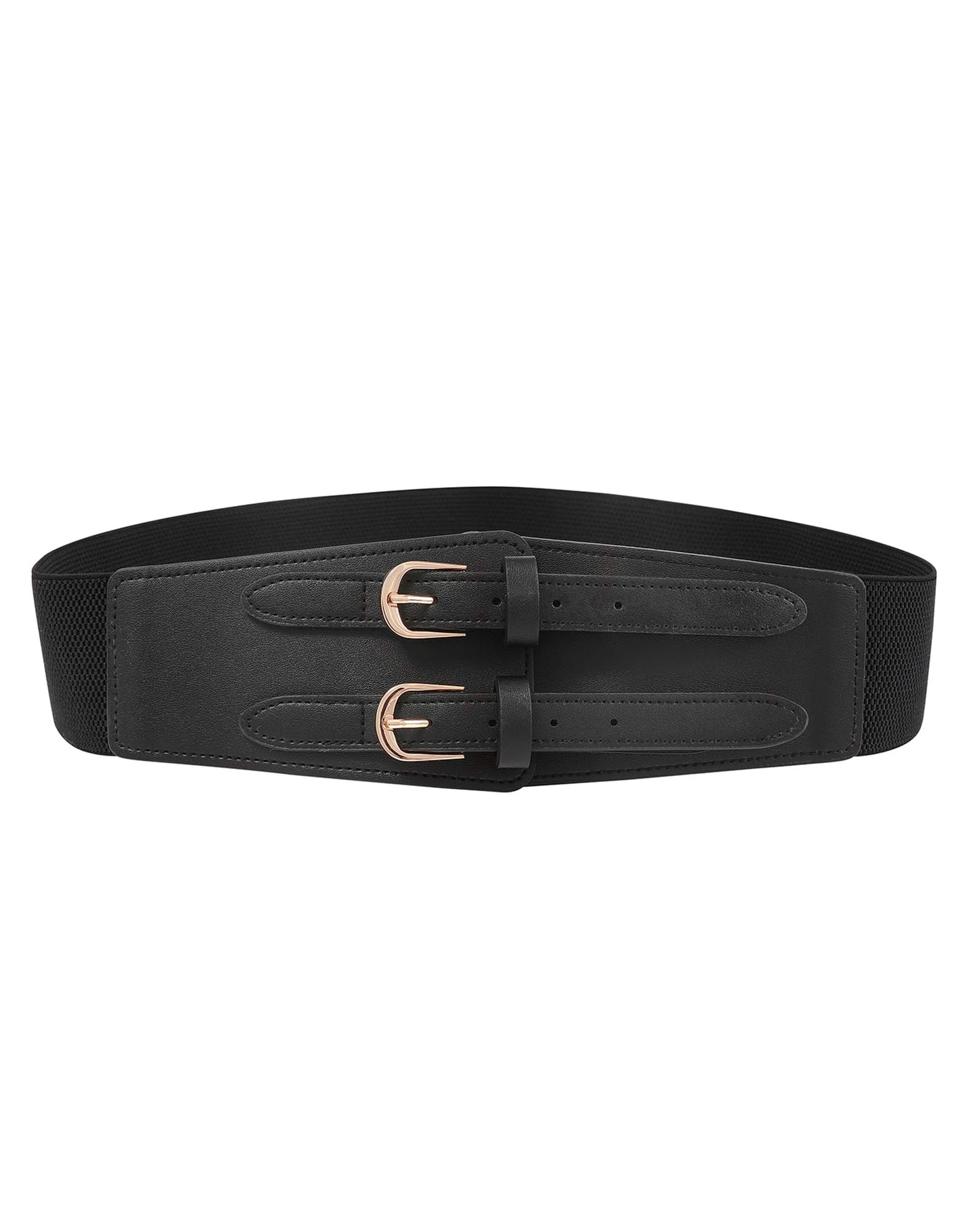 Kajeer Women Wide Elastic Waist Belt - 2.4inch Wide Stretchy Belt Vintage Double Buckle Fashion Cinch Belts for Dress(S,Black)