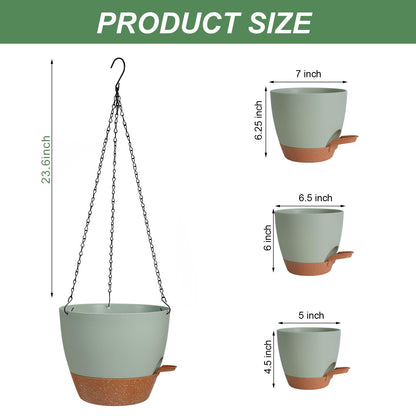 Lucieblessdesign 3 Pack Hanging Planter Indoor Outdoor Flower Pots 7/6.5/5 Inch, Self-Watering Hanging Pot with Drainage Holes Hanging Baskets Holder Plant Pots for Garden (Green)
