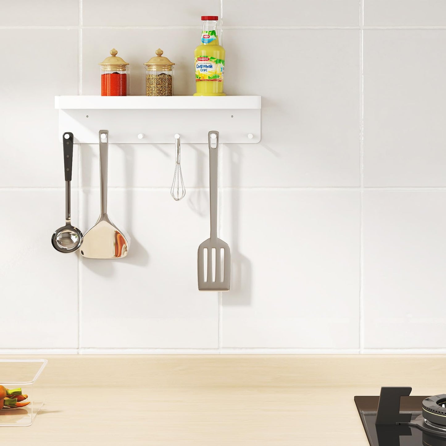 MKO Key Holder for Wall, Mail Organizer and Key Rack Wall Mount with Tray & 6 Hooks for Hallway (White)
