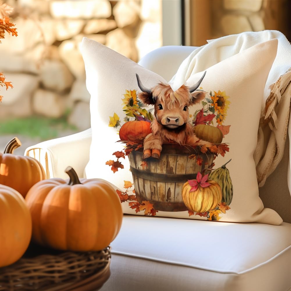 RABUSOFA Fall Outdoor Pillow Covers 18x18 Inch Waterproof Set of 2 Autumn Highland Cow Sunflower Farmhouse Decorations for Home Thanksgiving Pumpkin Decor Decorative Throw Pillow Cases for Patio Couch