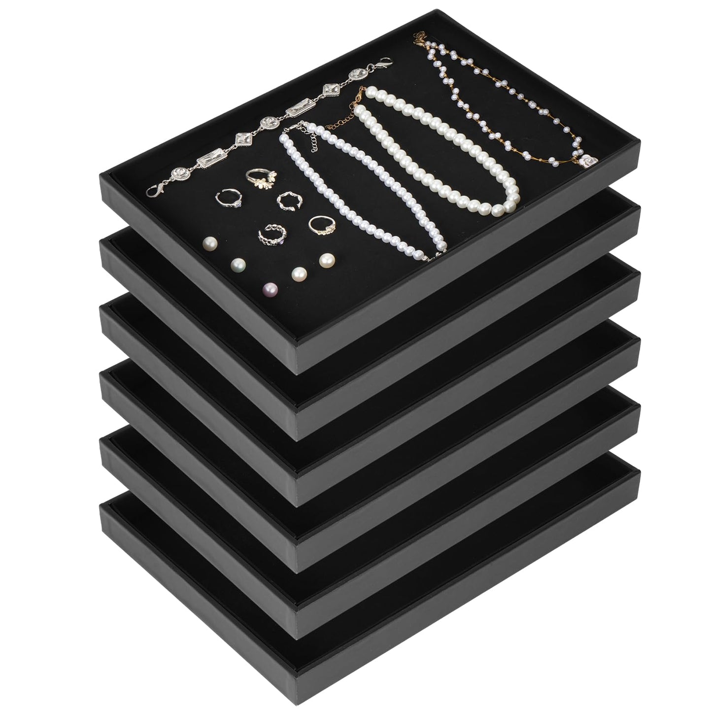 Rainmae 6 Pcs Velvet Stackable Jewelry Tray Showcase Display, Jewelry Organizer Trays for Drawers and Countertop, Black Empty Plates for Necklace, Ring, Bracelet, and Earring Storage Display