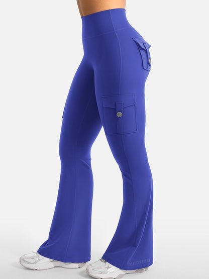 YEOREO CoreFlex Women Workout Flare Leggings with Pockets Hidden Scrunch High Waisted Cargo Gym Yoga Leggings Dazzling Blue S