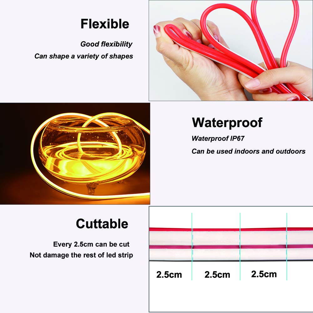 YM E-Bright Red Led Neon Strip Light Without Power Supply, 12V Silicone Indoor Outdoor 16.4Ft 600SMD Waterproof Flexible for Signboard Bar Home TV Kitchen Bedroom Party Holiday Decoration