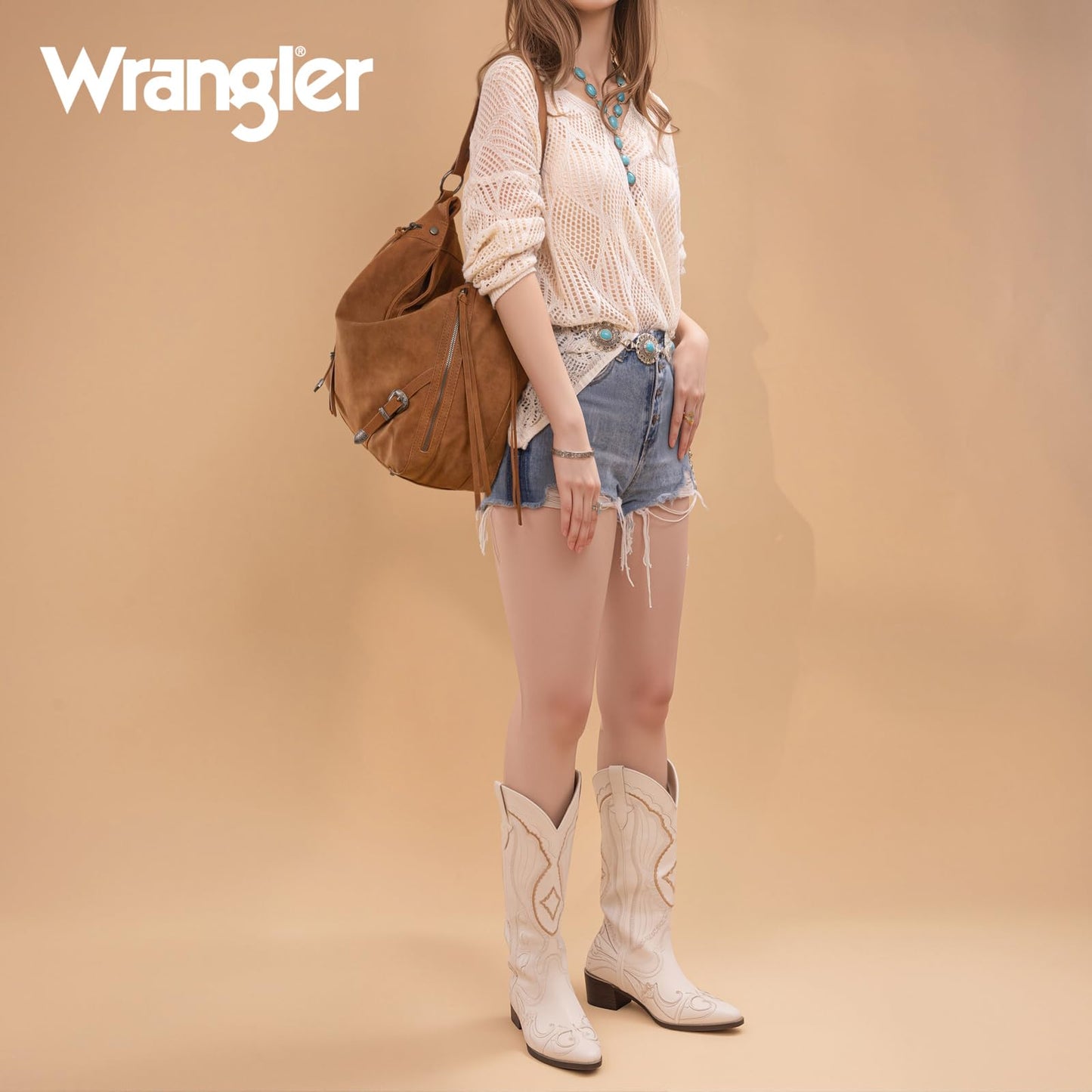 Wrangler Large Brown Hobo Bags for Women Purses and Handbags with Buckle Fringe Zipper Faux Suede Leather Shoulder Bag WG245-918BR