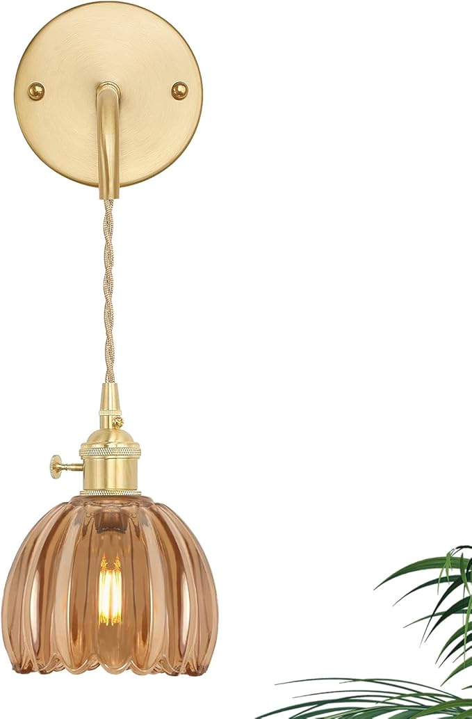 Vintage Wall Sconce Wall Lamp Amber Tulip Shade Pattern Glass Adjustable Chain Retro Gold Wall Mounted Light, Wall Lamp Fixtures Decor for Bedside Bedroom Indoor Doorway