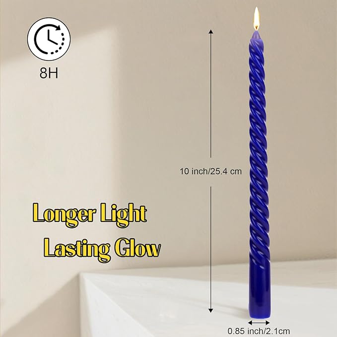 Tobeape Blue Twisted Taper Candles Set of 12, 10 Inch Tall Unscented Dripless, Smokeless Spiral Tapered Candlestick for Wedding Home Décor Dinner Hanukkah - 8 Hour Long Burning