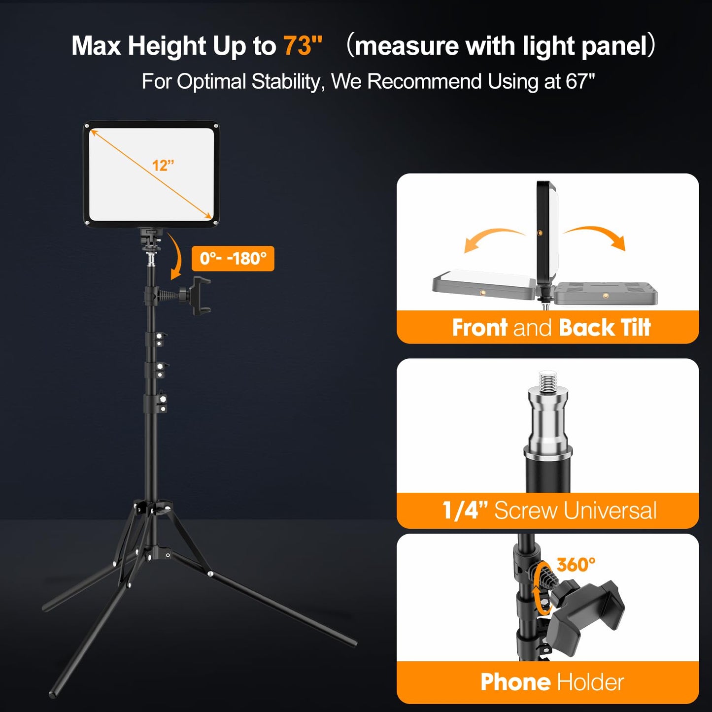 EMART LED Video Light Kit with Phone Holder & Barndoor, 2800-7000K Dimmable Studio Lights for Video Recording, 73'' Height for Live Streaming, YouTube, Vlog, Photography, Content, Podcast, 1-Pack
