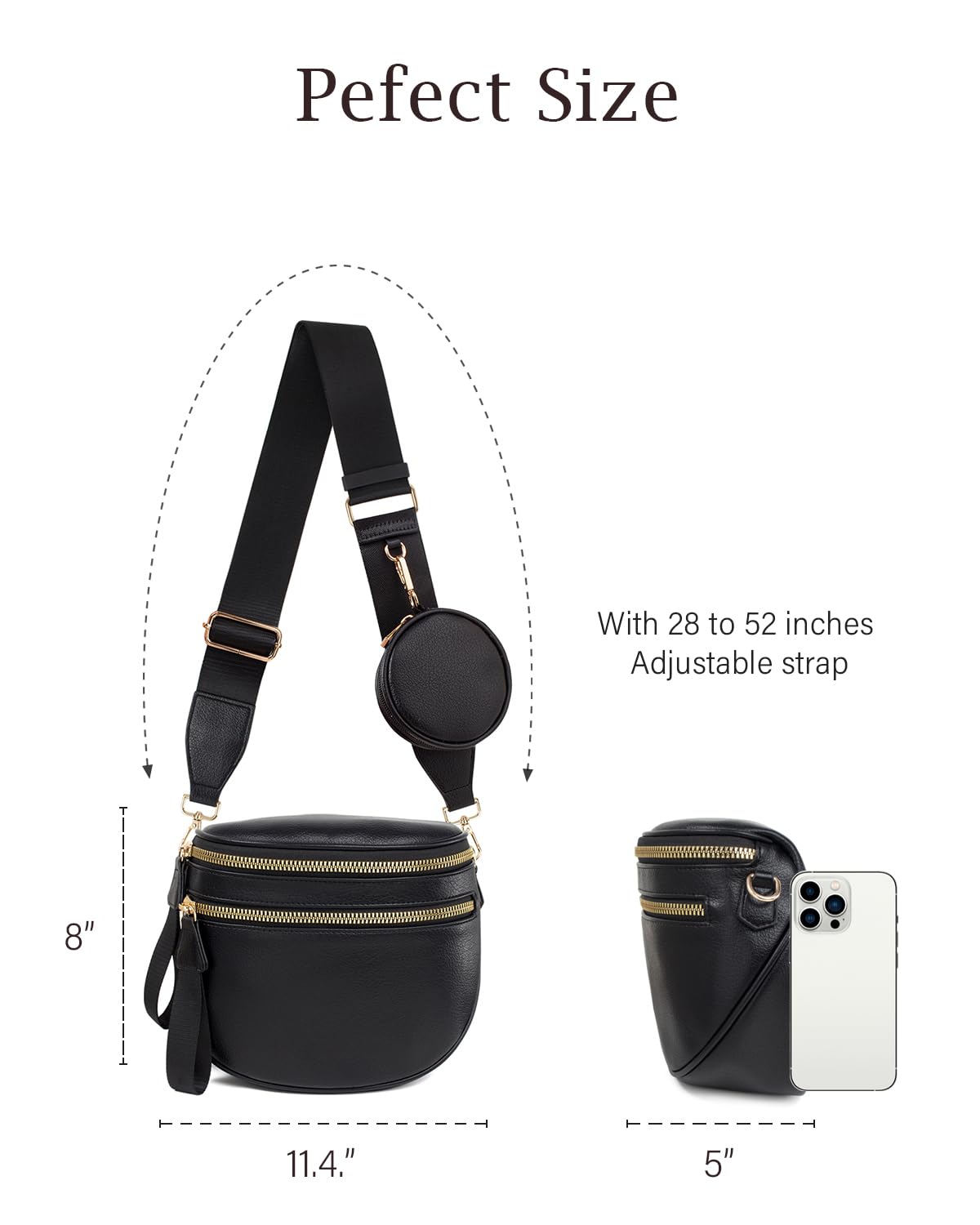 Valentoria Fashionable Womens Leather Waist Bag Crossbody Bag Detachable Wallet Adjustable Shoulder Strap (Black)