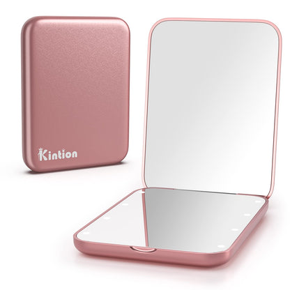 Kintion Pocket Mirror, 1X/3X Magnification LED Compact Travel Makeup Mirror with Light for Purse, 2-Sided, Portable, Folding, Handheld, Small Lighted Mirror for Gift, Pink