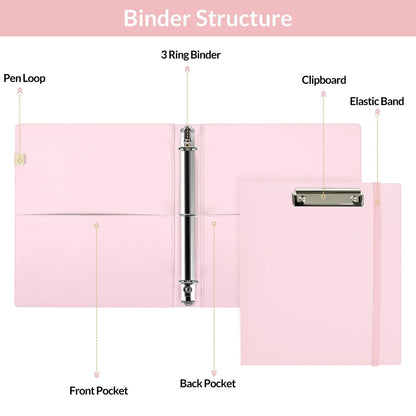 SKYDUE 3 Ring Binder with Clipboard,1 Inch Binder, 13.2" × 10.2" PU Clipboard Binder with Notepad & 5 Dividers with 5 Pockets, Labels, Clipboard Folder Great for School Office(Fit Letter Sized Paper)