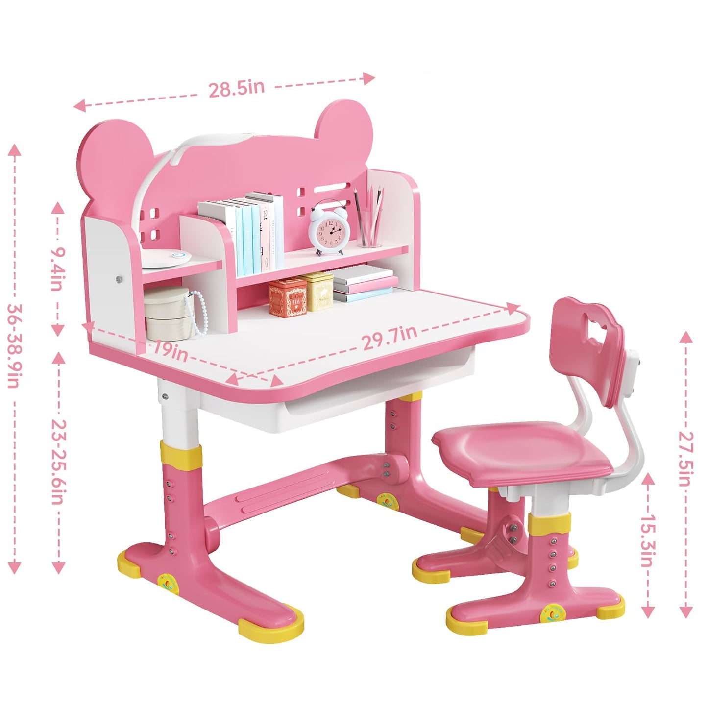 Xaperexi Kids Desk and Chair Set, Height Adjustable Child's School Study Writing Tables, Kids Desk with Bookstand and Storage Drawer, Widened Desktop with Desktop for Boys and Girls (Pink-F)