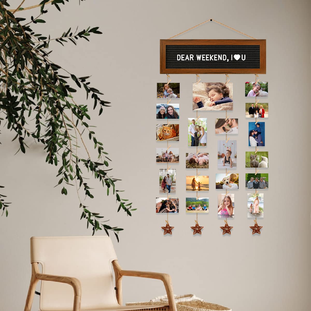 CJIAWYS Picture Frames Collage Wall Decor Photo Collage Frame Hanging Photo Display, Felt Letter Board with 340 Letters and 30 Clips, Unique Rustic DIY Photo Frames for Family Best Friends