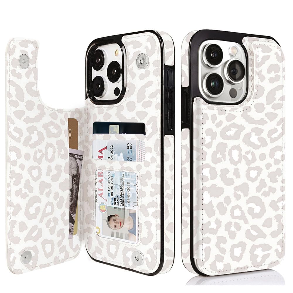 uCOLOR Compatible with iPhone 15 Pro 6.1" Wallet Case with Card Holder Slot Folio Flip PU Leather Kickstand Double Magnetic Clasp and RFID Blocking Design Cover 6.1 Inch (Beige Leopard)