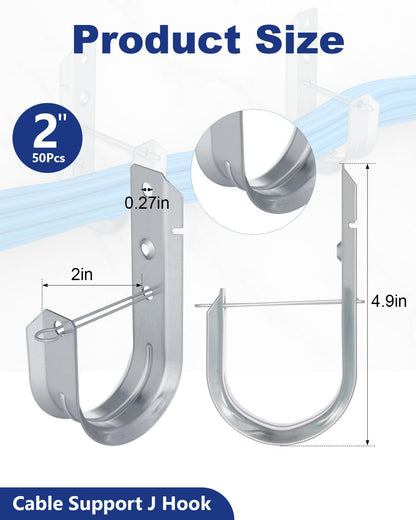 AOKLIT 2" Galvanized Steel J-Hooks, Heavy Duty Wall Mount Cable Support J Hook with Retainer Clip for Cable Management (50 PCS)