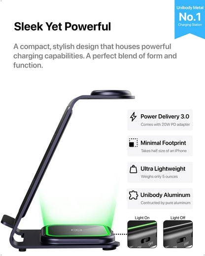 Intoval 3 in 1 Wireless Charging Station for iPhone 17 16 15 14 13 12 11 X Pro Max, Wireless Charger for Apple Watch Ultra 3 SE 9 8 7 6 5 4 3 2, for AirPods 4 Pro Pro 2 3 (Y93, Grey)