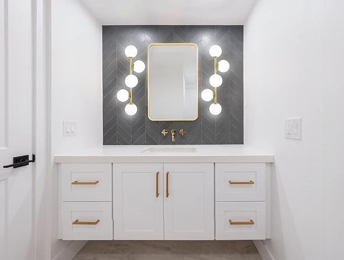 Mid Century Modern Bathroom Vanity Lights, 5-Light Bathroom Light Fixtures Brass Gold Bathroom Lights Semi-Flush Mount Ceiling Light, Gold Wall Sconce Wall Light with Globe Frosted Milk Glass, G9 Base