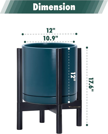 D'vine Dev Ceramic Planter with Ebony Stand - 12 Inch Modern Round Flower Pot with Wood Planter Holder, Teal, 55-B-H-4