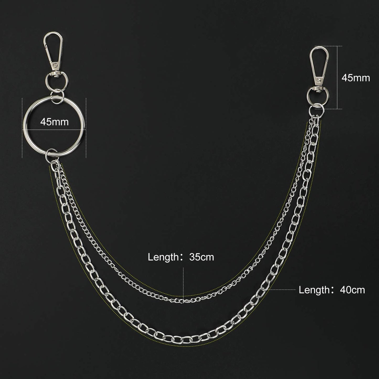 WHIPPY Double Grommet Belt with Chain for Women Men PU Leather Double Prong Buckle Punk Rock Jeans Waist Belts (Black, M)