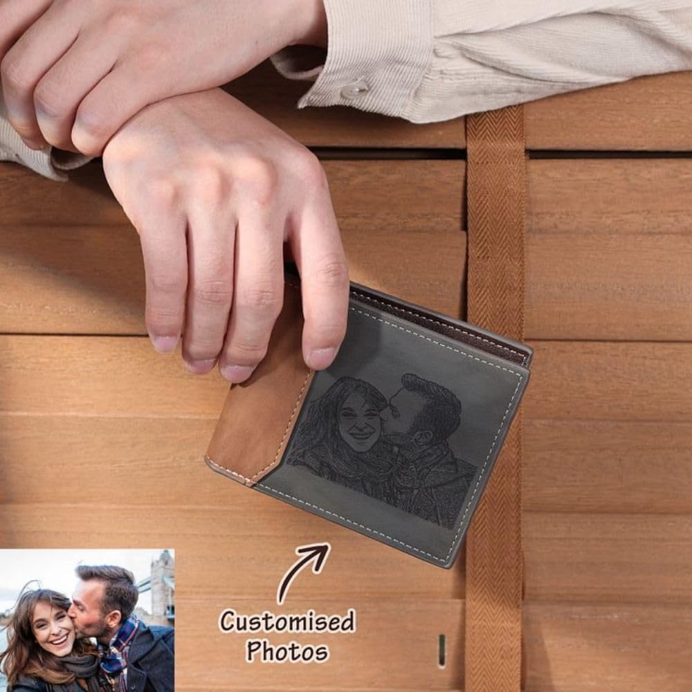 Amsgedhie Customized Wallet for Men Personalized Wallets for Men with Photo Name Bi-fold Leather Mens Wallet for Dad Boyfriend Grandpa Husband Birthday Christmas Valentines Gifts