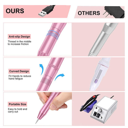 Electric Nail Drill,USB Electric Nail Drill Machine for Acrylic Nail Kit,Portable Electric Nail File Polishing Tool Manicure Pedicure Kit Efile Nail Supplies for Home Salon,Pink