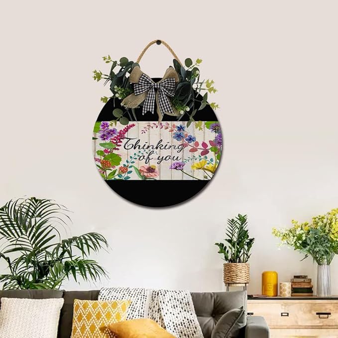 Garden Thinking Of You Front Door Sign Funny Wreaths Hanging Wooden Plaque Decoration Round Rustic Wood Farmhouse Porch Decor for Home Front Door Decor, 12 x 12 Inch