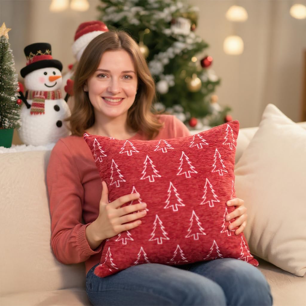 Auomily 2 Pack Christmas Pillow Covers 18x18, Chenille Double-Sided Snowflake & Christmas Tree Decorative Throw Pillow Cases, Soft Farmhouse Holiday Cushion Covers for Sofa Couch Bed(Red,18x18)