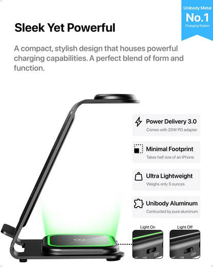 Intoval 3 in 1 Wireless Charging Station for iPhone 17 16 15 14 13 12 11 X Pro Max, Wireless Charger for Apple Watch Ultra 3 SE 9 8 7 6 5 4 3 2, for AirPods 4 Pro Pro 2 3 (Y93, Grey)