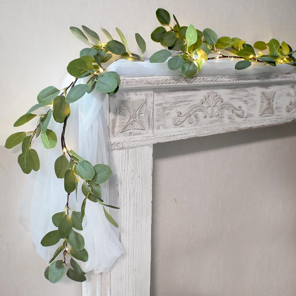 6.56FT Eucalyptus Garland with Lights 96 LEDs 8 Modes Battery Operated with Timer Faux Twig Vine Lights Spring Greenery Garlands for Mantle Fireplace Wall Table Stairs Wedding Party Bedroom Home Decor