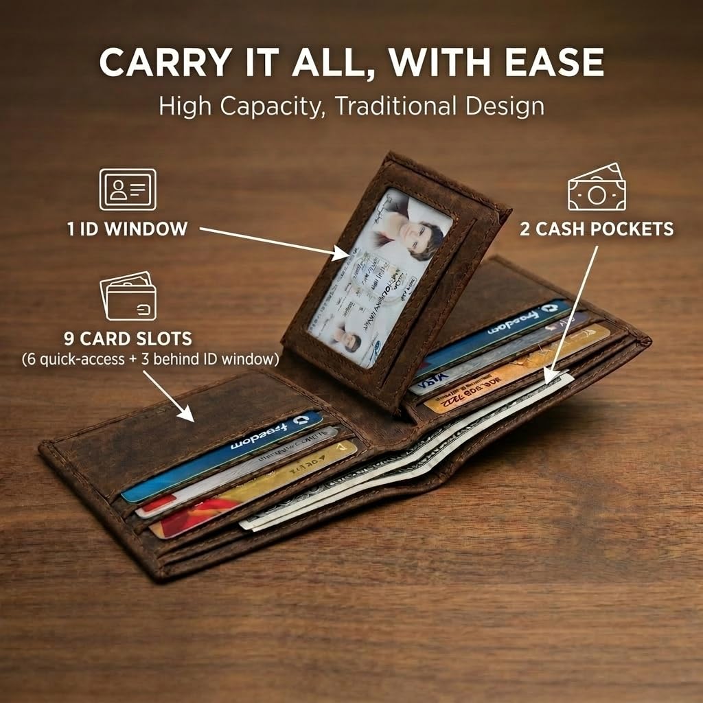NKPT Full-Grain Leather Bifold Wallet for Men | RFID Blocking, 9 Card Slots, ID Window | Chestnut Brown