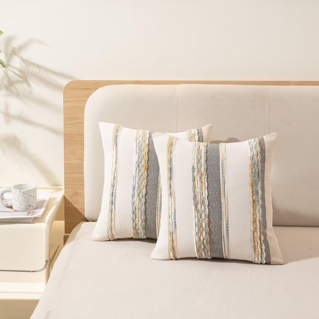 WANLIRD Boho Throw Pillow Covers 18x18 Set of 2 Farmhouse Decorative Cushion Case Striped Square Pillows Cover Chenille Pillow Cases Accent Neutral Pillowcase for Sofa Couch Bed,Orange-Gray
