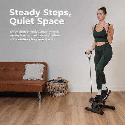 Sunny Health & Fitness Smart Twist Stepper with Resistance Bands, Bluetooth App Connectivity, Adjustable Step Height, 300 LB Capacity, Compact Mini Stair Step Machine