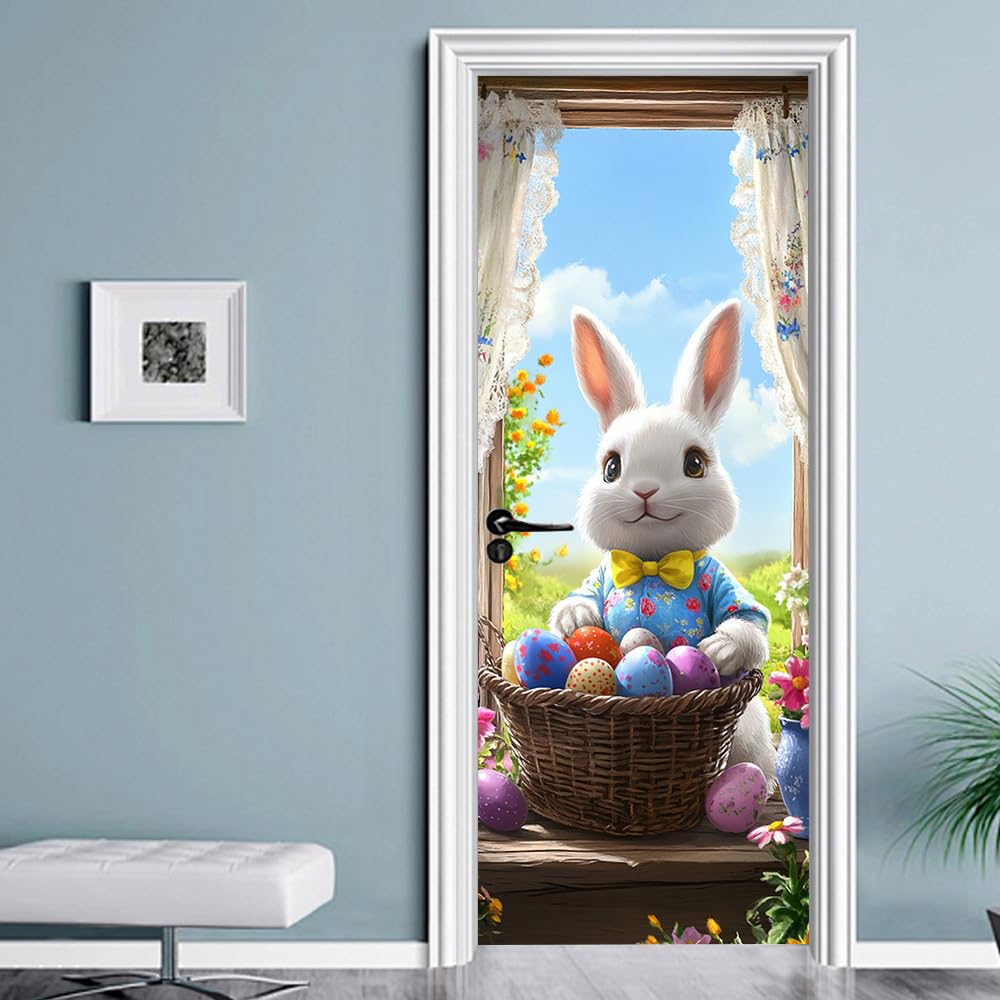 WDESYADMS PVC Self Adhesive Door Sticker 30.3x78.7 Inch Easter Bunny with Basket of Eggs Design Peel and Stick Decorative Door Decal for Bedroom Living Room Entryway Spring Home Decor